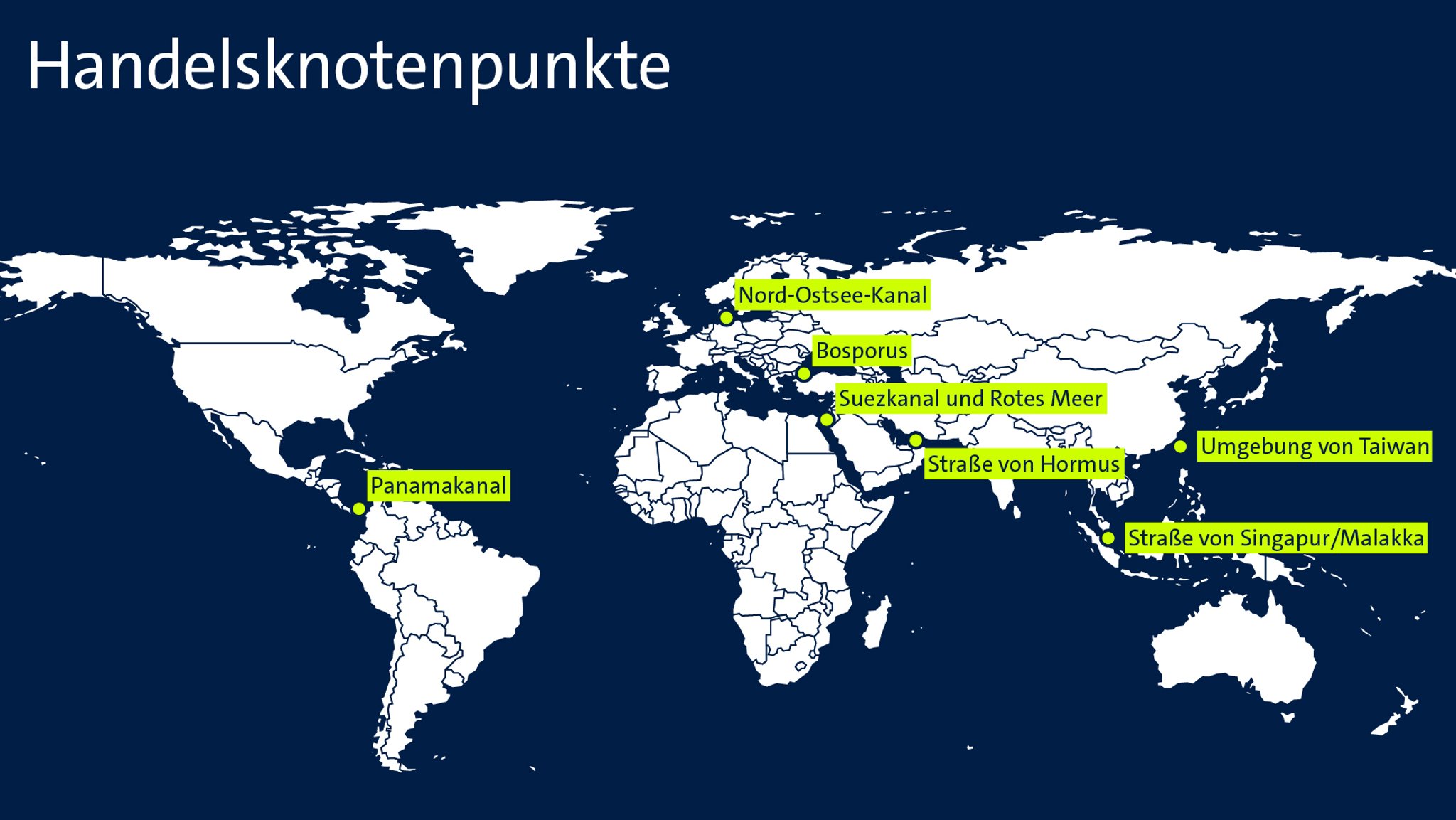 Eine Grafik zeigt die Engstellen des Seehandels: Unter anderem die Straße von Singapur, den Panamakanal usw.