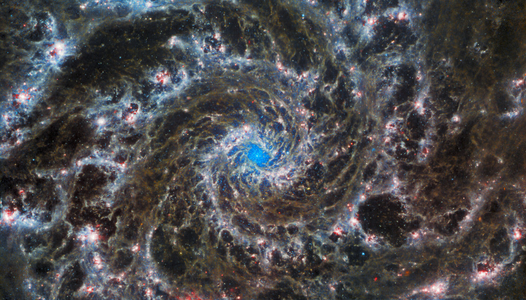 Die Aufnahme zeigt ein bläulich leuchtendes Zentrum. Um das Zentrum herum scheint ein Strudel zu sein. Dabei handelt es sich um Gas und Staub und helle Sterne, die sich nahe des Zentrums dieser Spiralgalaxie befinden. 