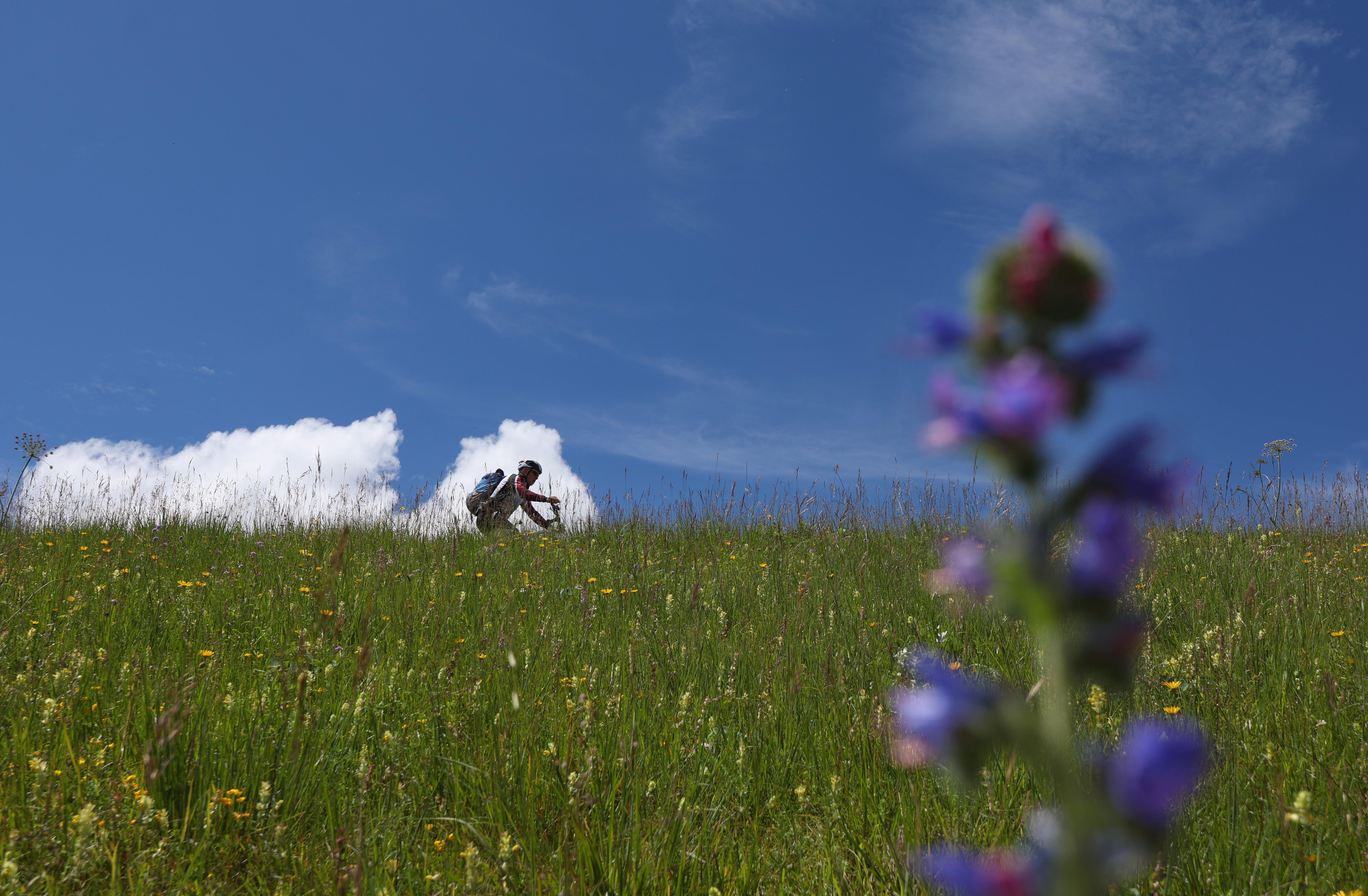 Ein Radfahrer fährt am Ufer des Lechstausees unter weiß-blauem Himmel.