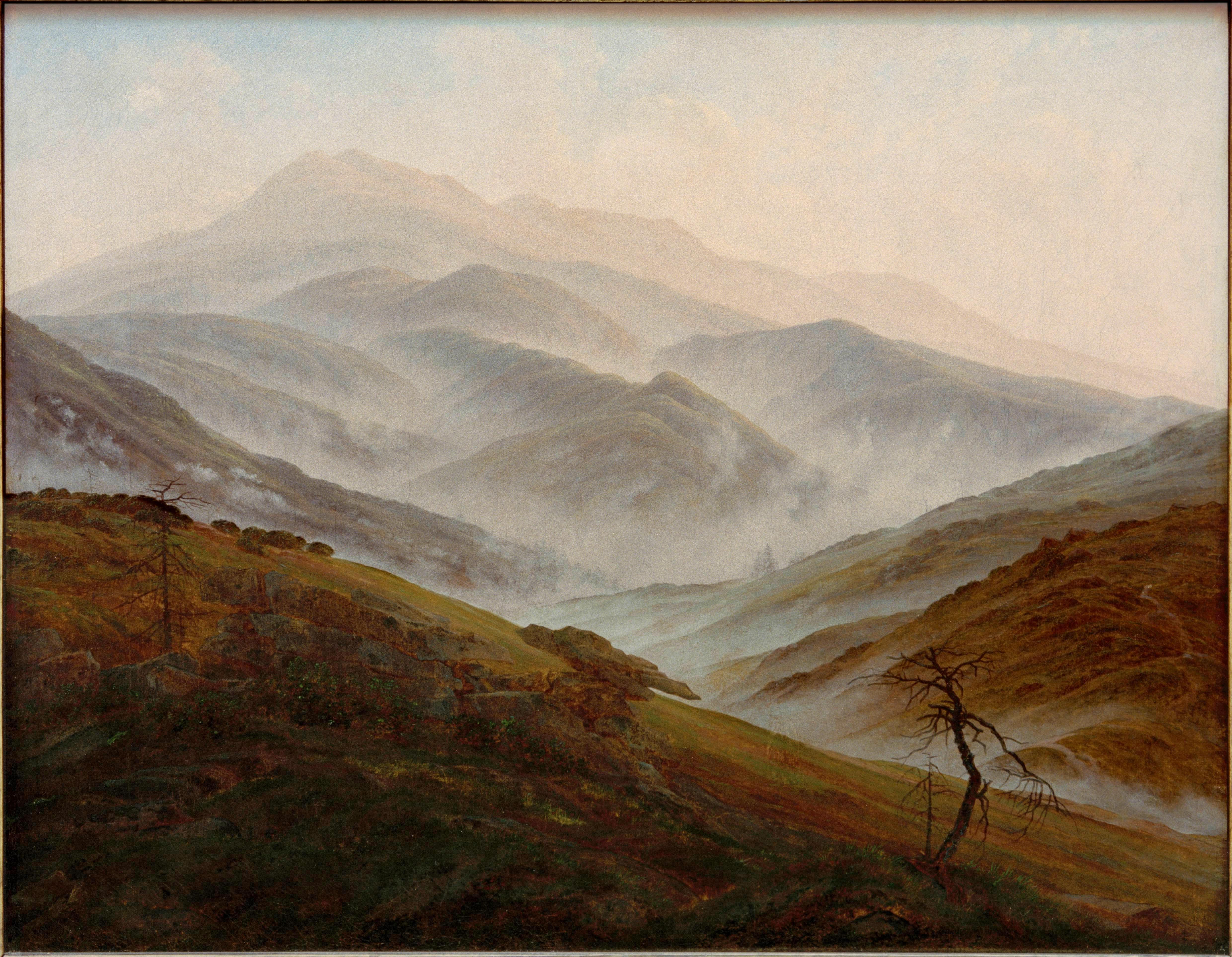Caspar David Friedrich, Riesengebirgslandschaft mit aufsteigendem Nebel, um 1820. Öl auf Leinwand, 54,9 × 70,3 cm.
