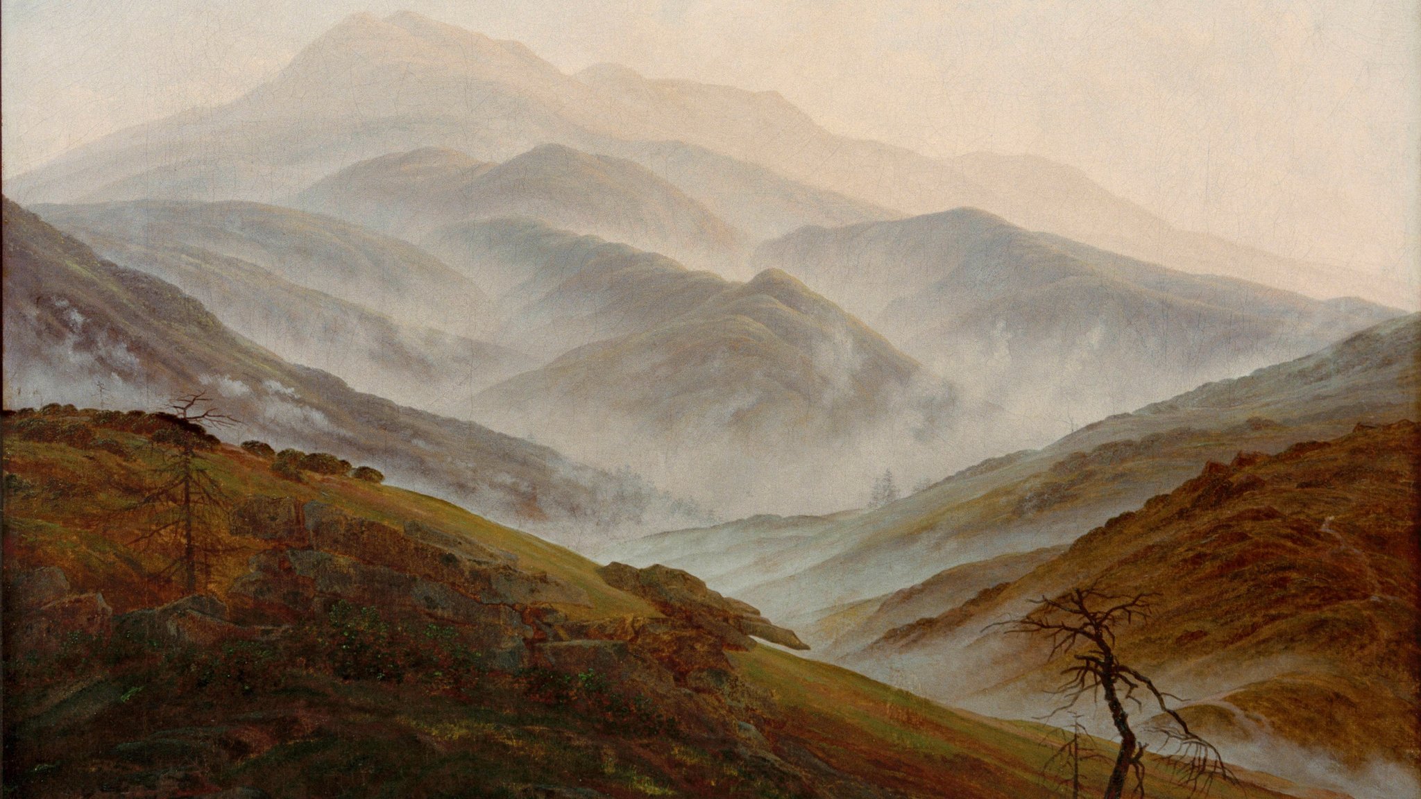 Caspar David Friedrich, Riesengebirgslandschaft mit aufsteigendem Nebel, um 1820. Öl auf Leinwand, 54,9 × 70,3 cm.