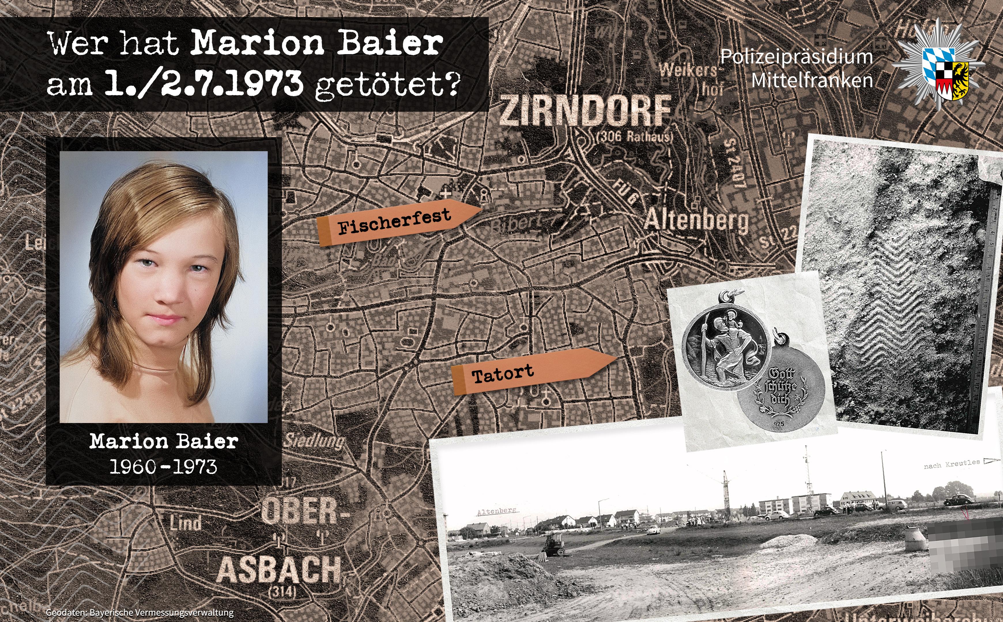 Bild der 1973 ermordeten Marion Baier, sowie Fotos der am Tatort gefundenen Gegenstände.