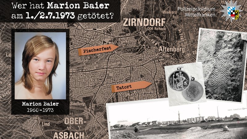 Bild der 1973 ermordeten Marion Baier, sowie Fotos der am Tatort gefundenen Gegenstände. | Bild: Polizeipräsidium Mittelfranken Bild der 1973 ermordeten Marion Baier, sowie Fotos der am Tatort gefundenen Gegenstände.