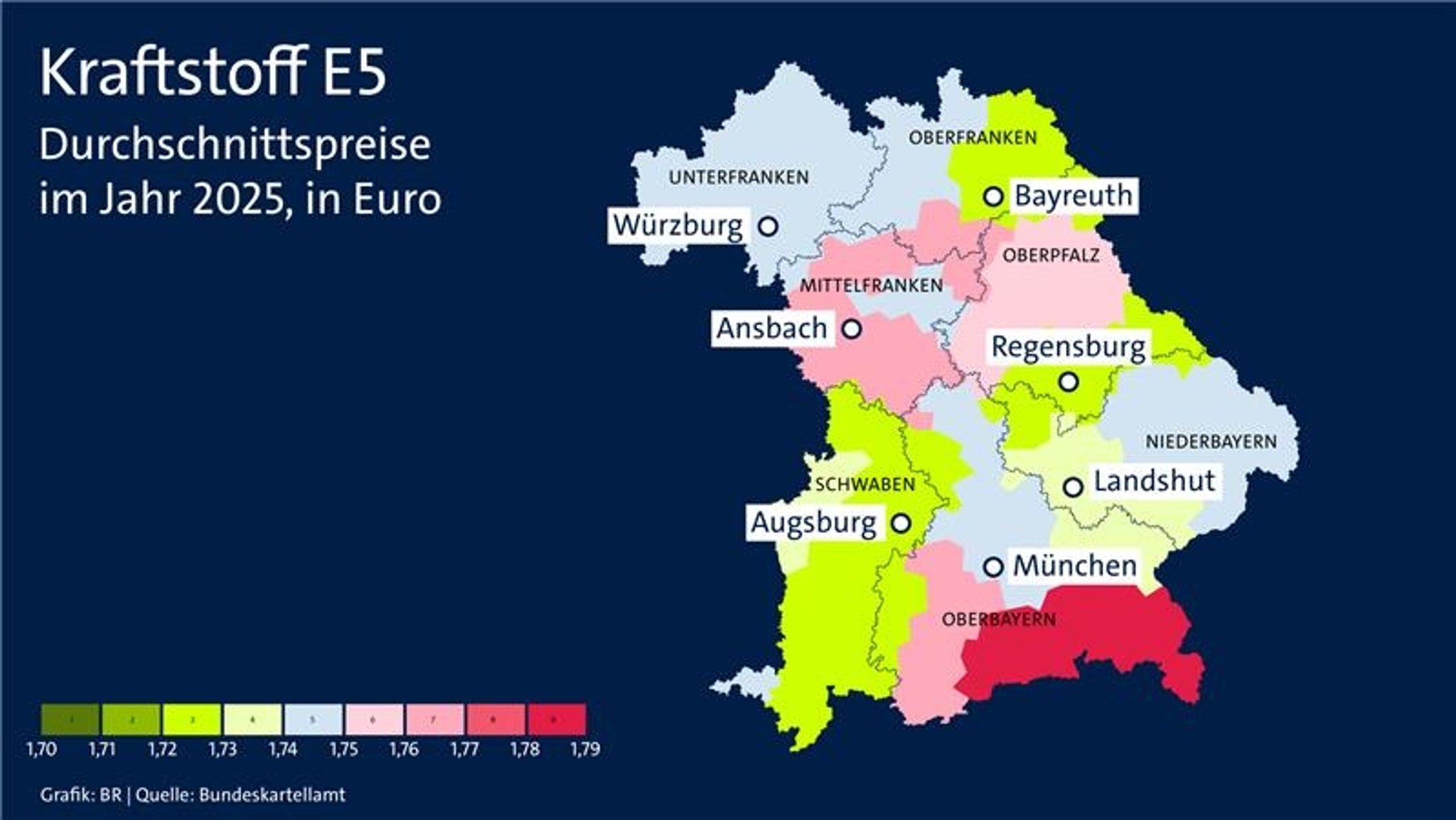 Überblick, wo der Kraftstoff E5 in Bayern vergangenes Jahr eher günstig und wo eher teuer war. | Bild: Grafik: BR; Datenquelle: Bundeskartellamt Überblick, wo der Kraftstoff E5 in Bayern vergangenes Jahr eher günstig und wo eher teuer war.