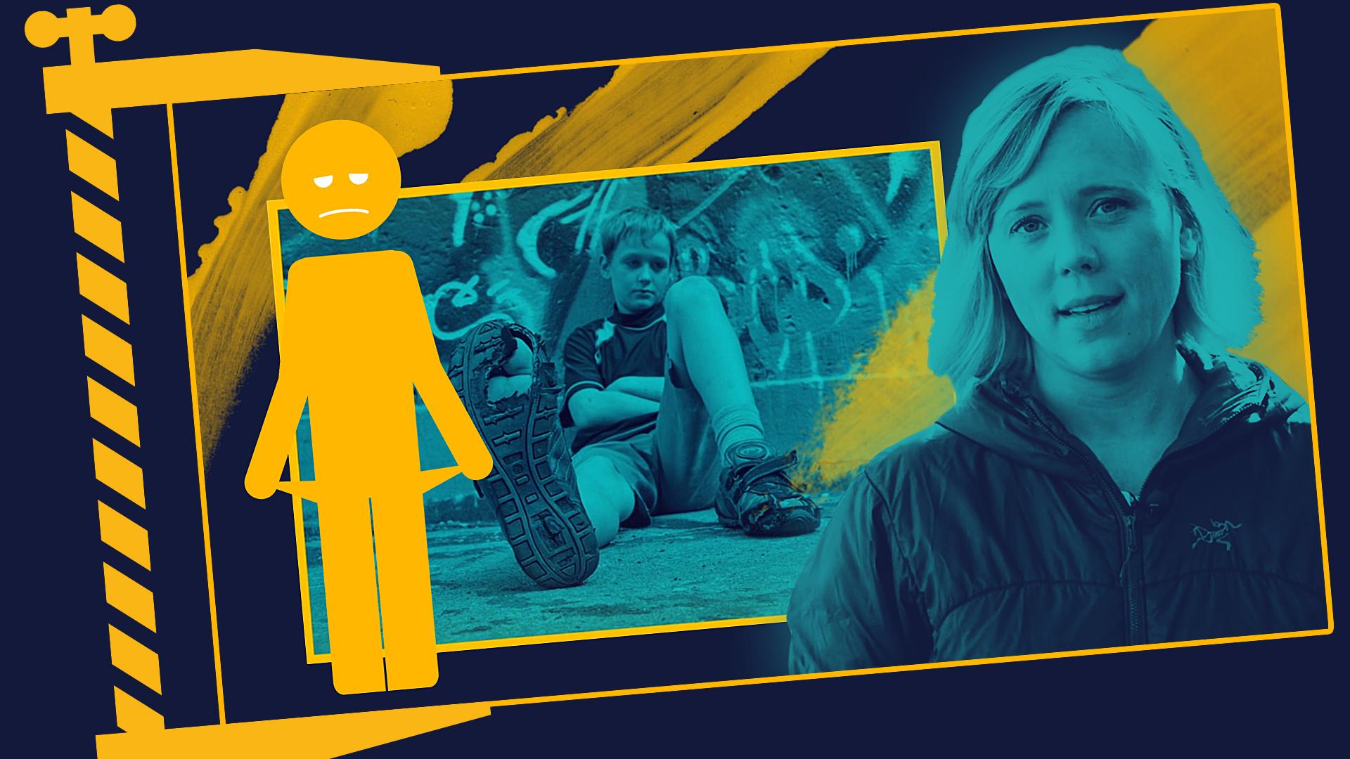 Christina Wolf neben einem Jugendlichen mit kaputten Schuhen und einem Männchen, das seine leeren Hosentaschen nach aussen stülpt