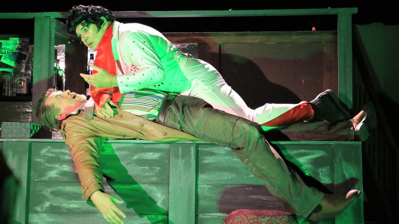 Mario Eick (unten) und Werner Schwarz (als Elvis) | Bild: Jungblut/BR Mario Eick (unten) und Werner Schwarz (als Elvis)