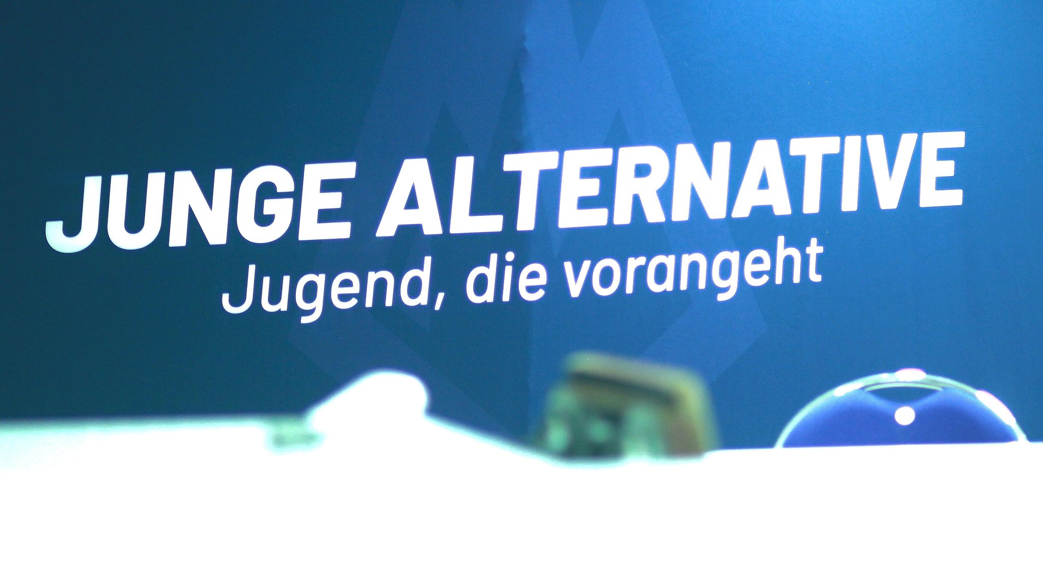 Slogan der Jungen Alternativen beim Bundesparteitag der AfD am 30.06.24