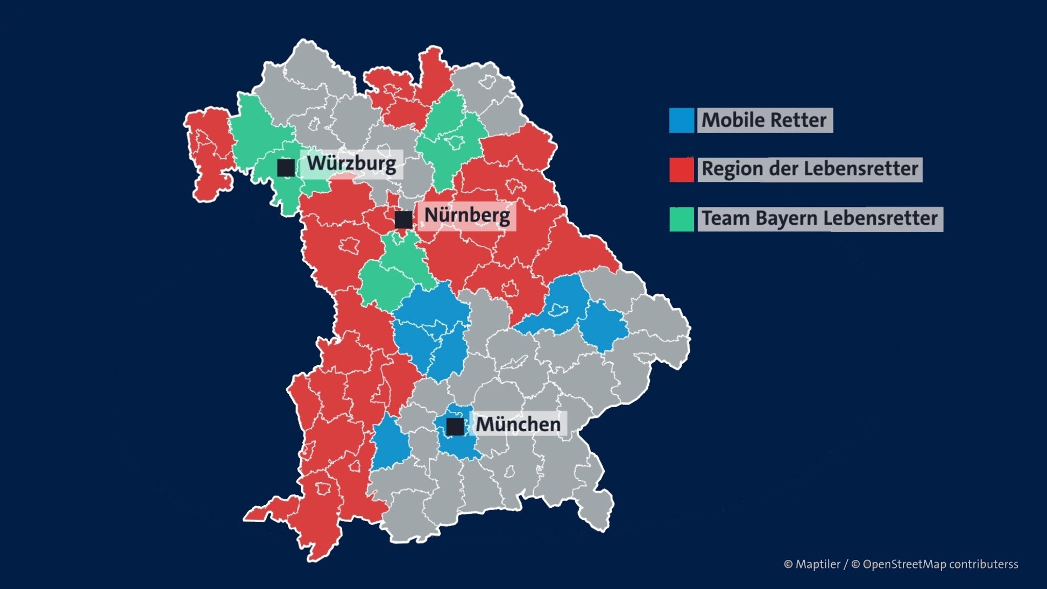 In Bayern haben viele Regionen keine Ersthelfer-App. | Bild: Quelle: Deutscher Rat für Wiederbelebung / Grafik: BR In Bayern haben viele Regionen keine Ersthelfer-App.