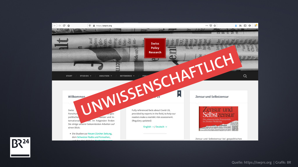 Ein Screenshot der Webseite "Swiss Policy Research", die als unwissenschaftlich einzustufen ist