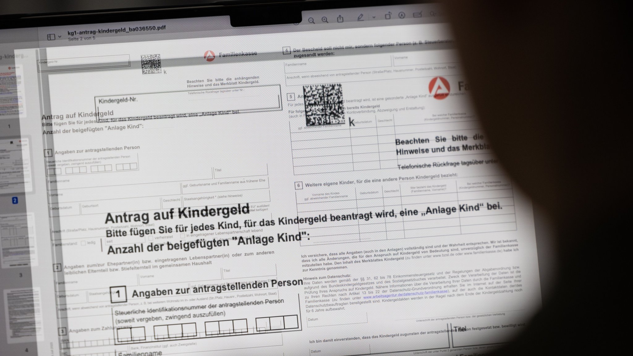 Archiv: Ein Mensch sitzt vor einem Kindergeld-Antrag an einem Computer | Bild: dpa-Bildfunk/Hannes P Albert Archiv: Ein Mensch sitzt vor einem Kindergeld-Antrag an einem Computer