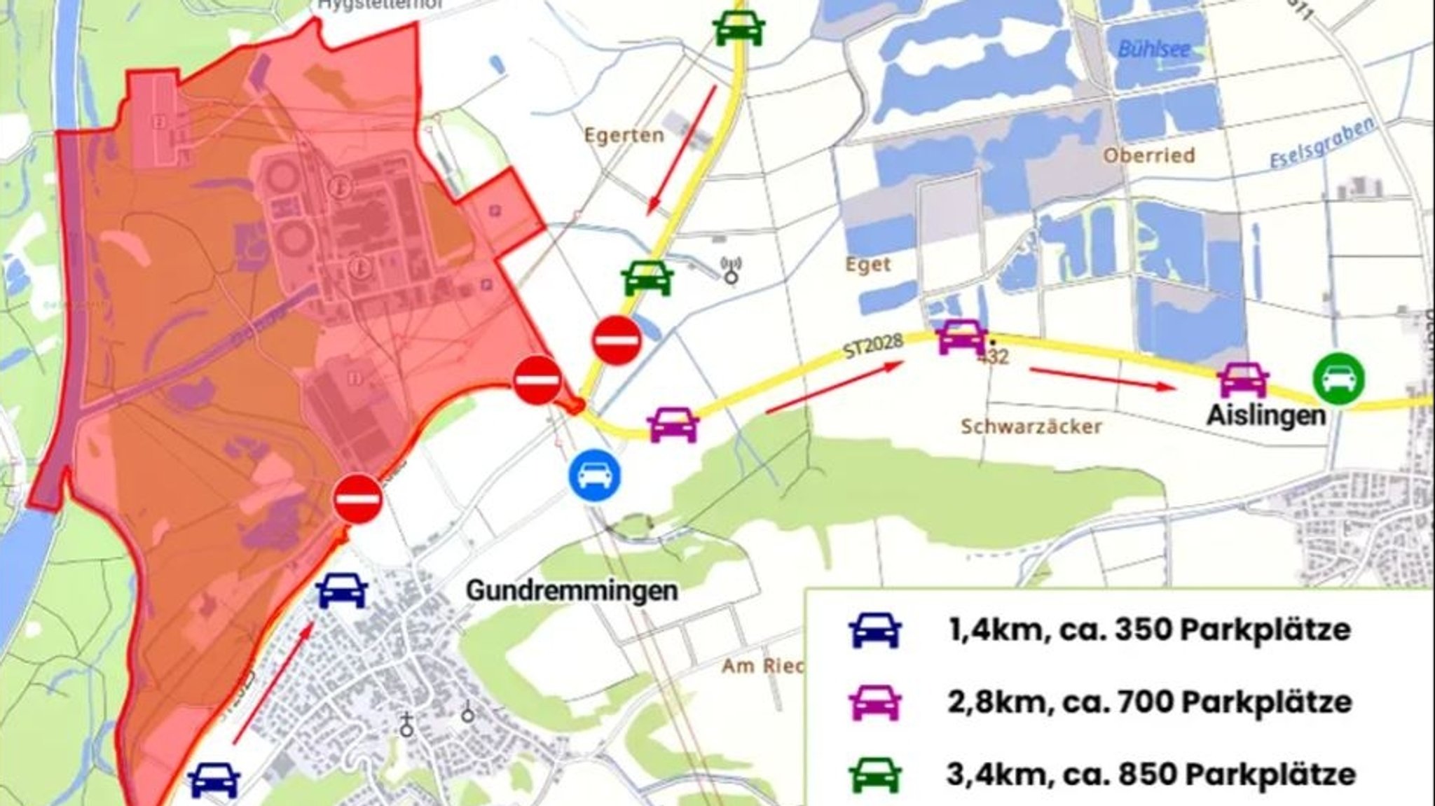 Eine Karte zeigt den Sperrbereich um das Kraftwerk in rot, außerdem gesperrte Straßen und Parkplätze. | Bild: Landratsamt Günzburg Eine Karte zeigt den Sperrbereich um das Kraftwerk in rot, außerdem gesperrte Straßen und Parkplätze.