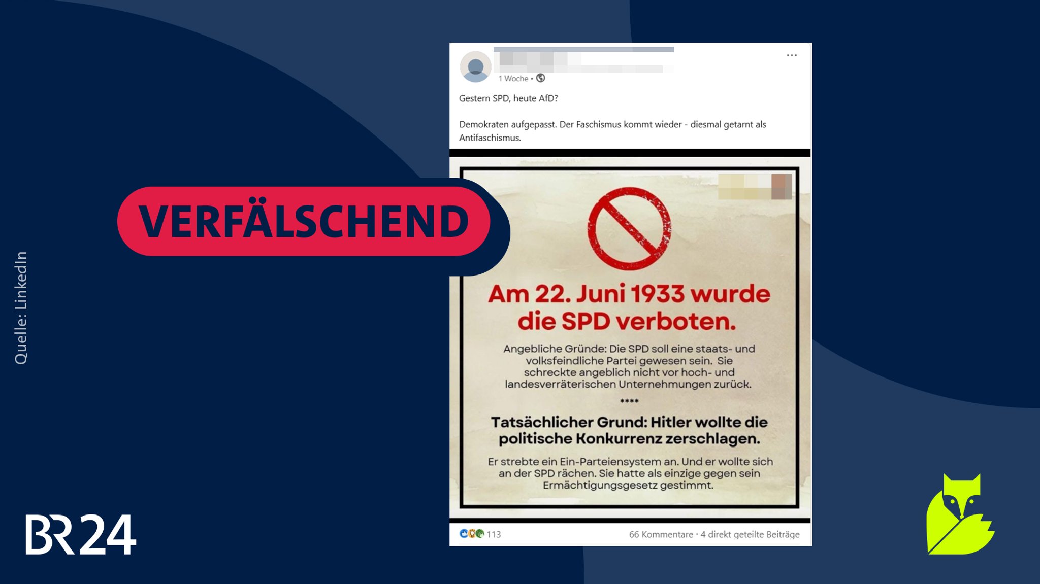 Zu sehen ist ein Linkedin-Post. Der Nutzer teilte eine Textkachel, die an das Verbot der SPD durch die Nationalsozialisten im Juni 1933 erinnert. Dazu schrieb er den geschichtsverfälschenden Vergleich: "Gestern SPD, heute AfD? Demokraten aufgepasst. Der Faschismus kommt wieder - diesmal getarnt als Antifaschismus."