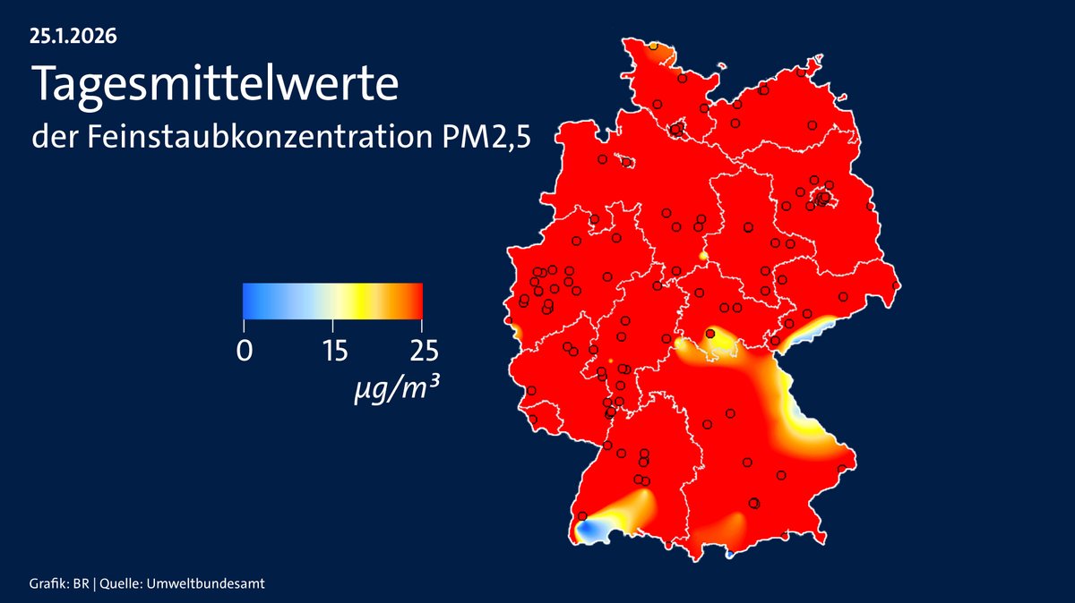 Hohe Feinstaubkonzentration (PM2,5) am vergangenen Sonntag. | Bild: BR Hohe Feinstaubkonzentration (PM2,5) am vergangenen Sonntag.