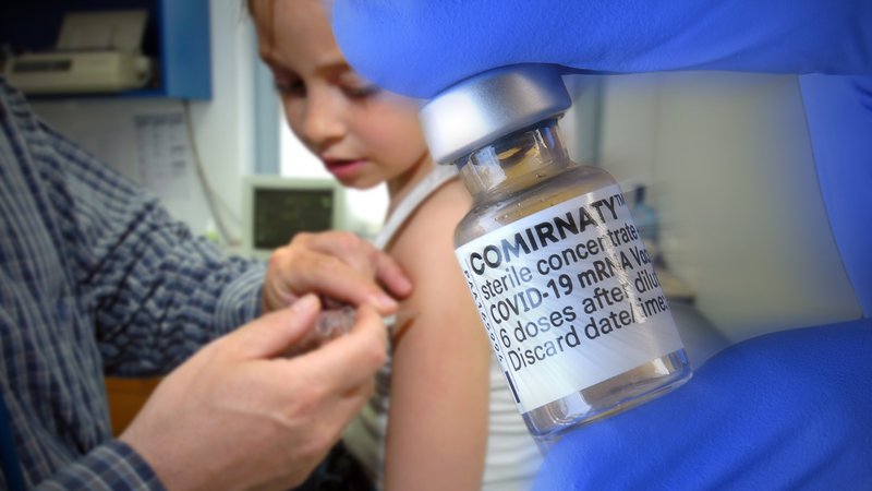 FOTOMONTAGE: In den USA wird ein Kind geimpft, davor der Impfstoff von Biontech/Pfizer.