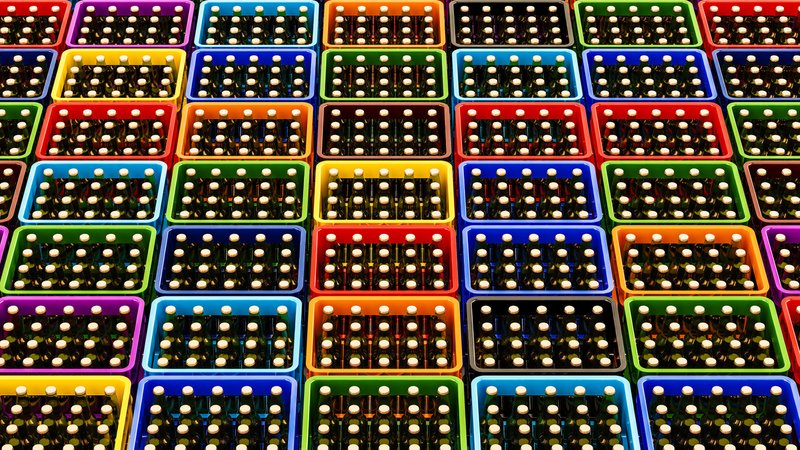 Viele bunte Bierkisten | Bild: stock.adobe.com/alexlmx Viele bunte Bierkisten