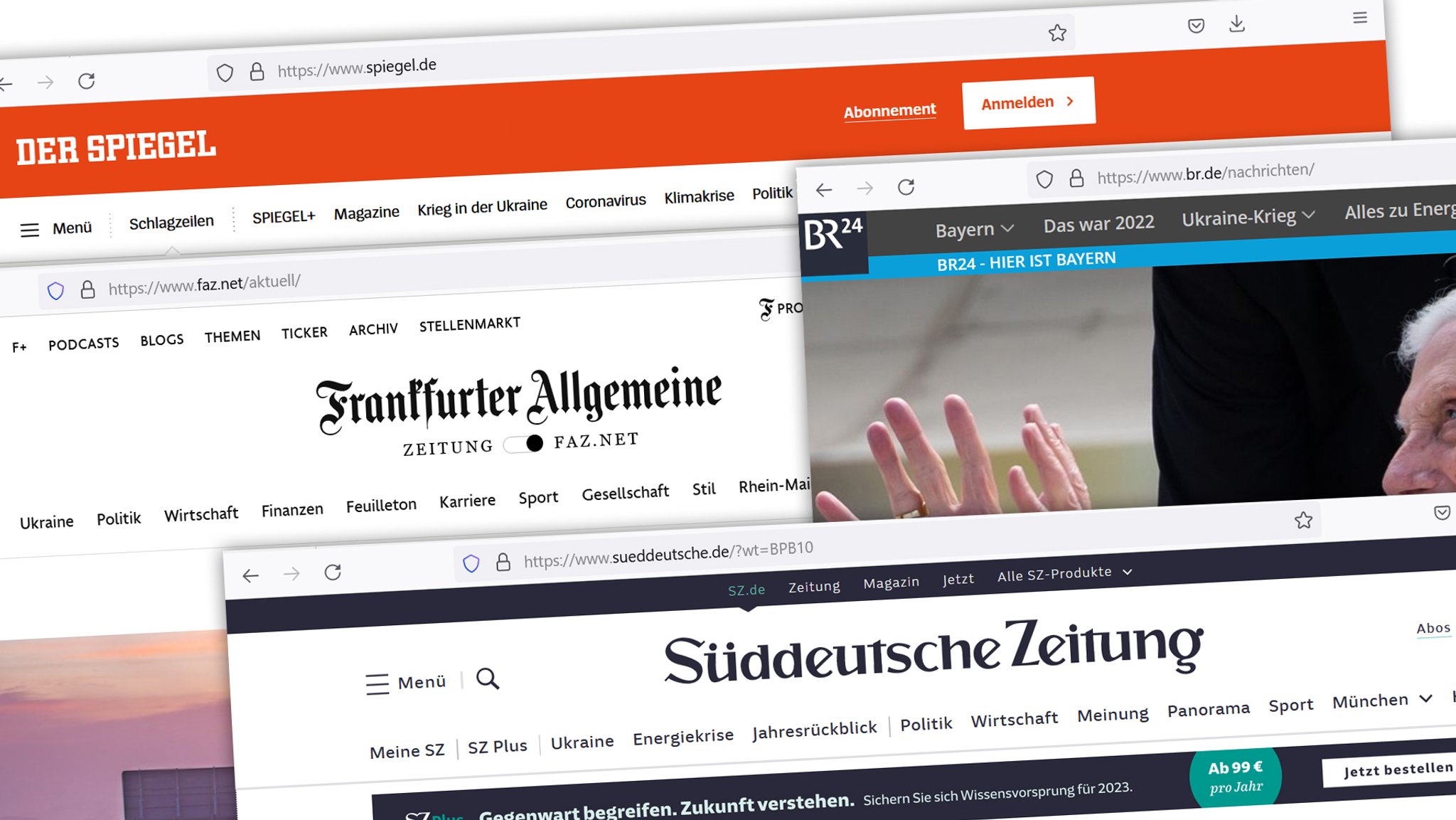 Screenshots von verschiedenen Nachrichten-Webseiten