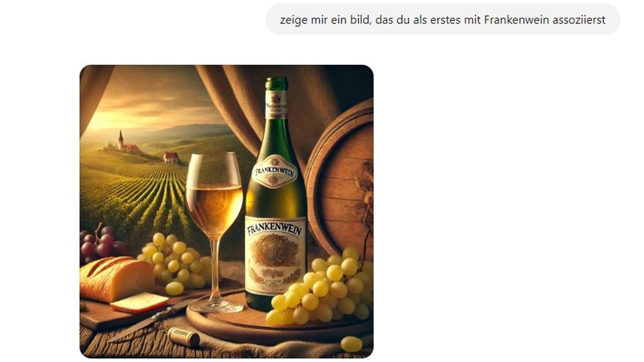 Wenn man ChatGPT fragt, was die KI mit Frankenwein assoziiert.