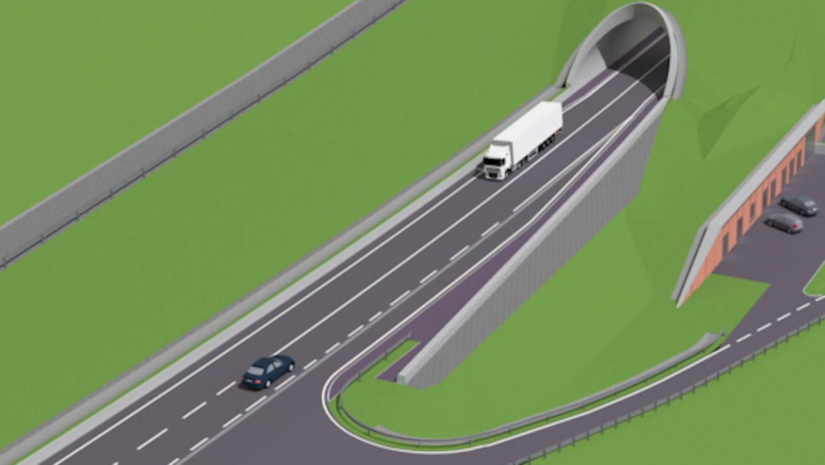 Eine Grafik zeigt einen Tunnel mit zwei Fahrzeugen, die in beziehungsweise aus der Tunnelröhre fahren. 