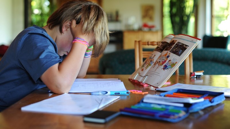 Ein Junge hält sich beim Erledigen seiner Hausaufgaben den Kopf. | Bild: picture-alliance/dpa Ein Junge hält sich beim Erledigen seiner Hausaufgaben den Kopf.