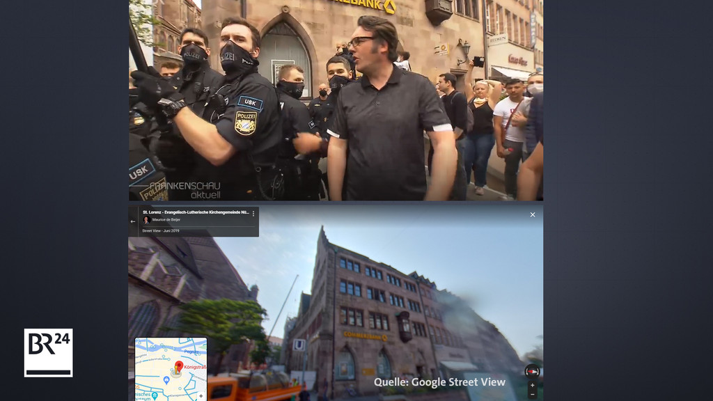 Ein Vergleich mit Google Street View zeigt, dass das Bild neben der Lorenzkirche aufgenommen wurde, wo auch die Demonstration stattfand.