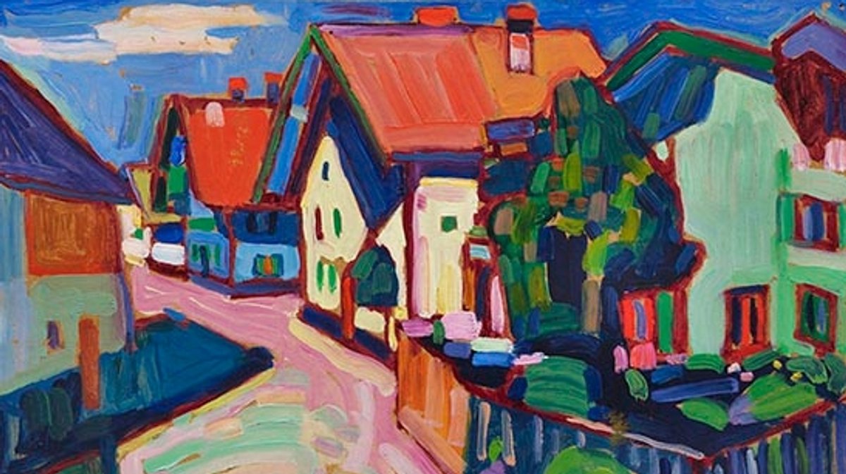 Stark farbiges Abbild eines Straßendorfes mit vielen Bauernhöfen auf dem Land.