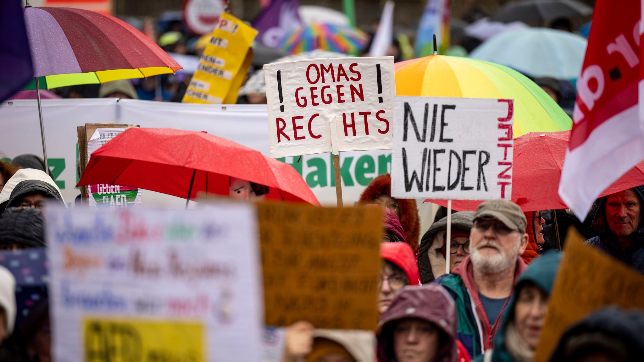 Symbolbild: Menschen halten auf einer Demo Schilder hoch, darauf steht unter anderem: "Nie wieder"