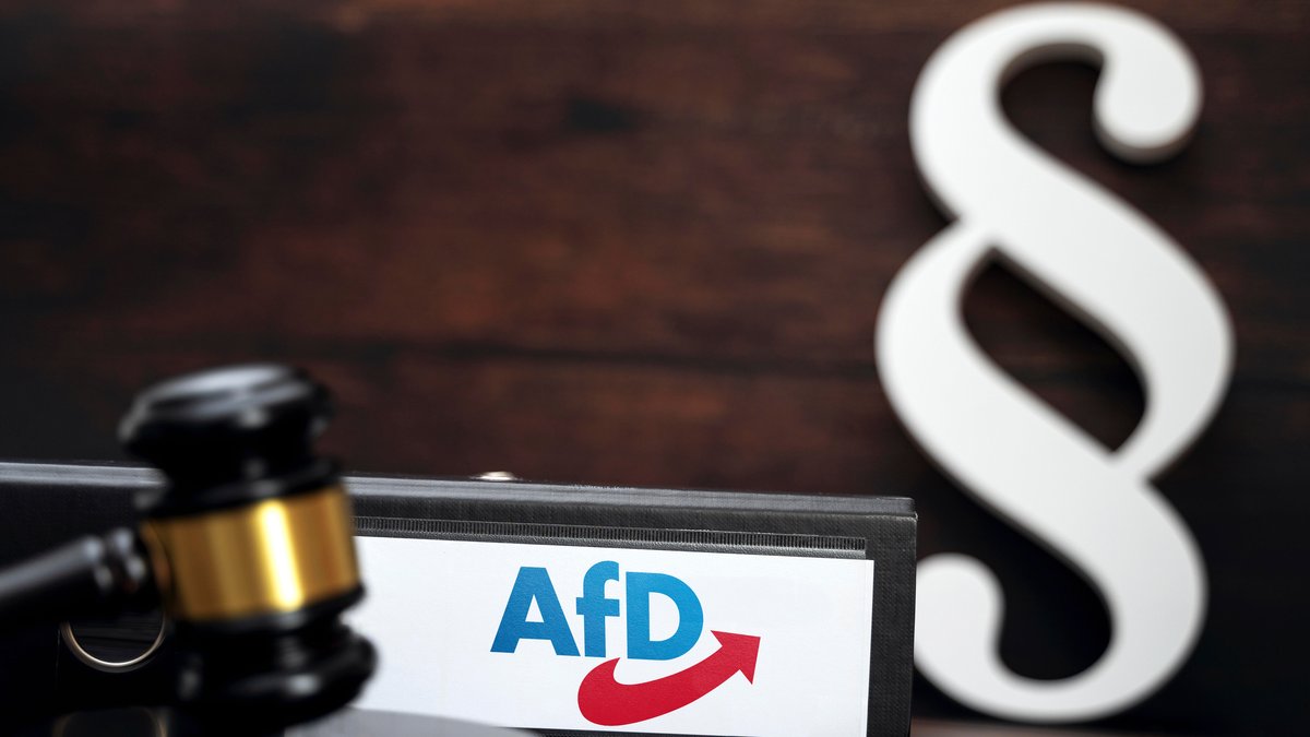 Symbolfoto: Ordner mit AfD Alternative für Deutschland Logo neben einem Richterhammer und einem Paragraphen 