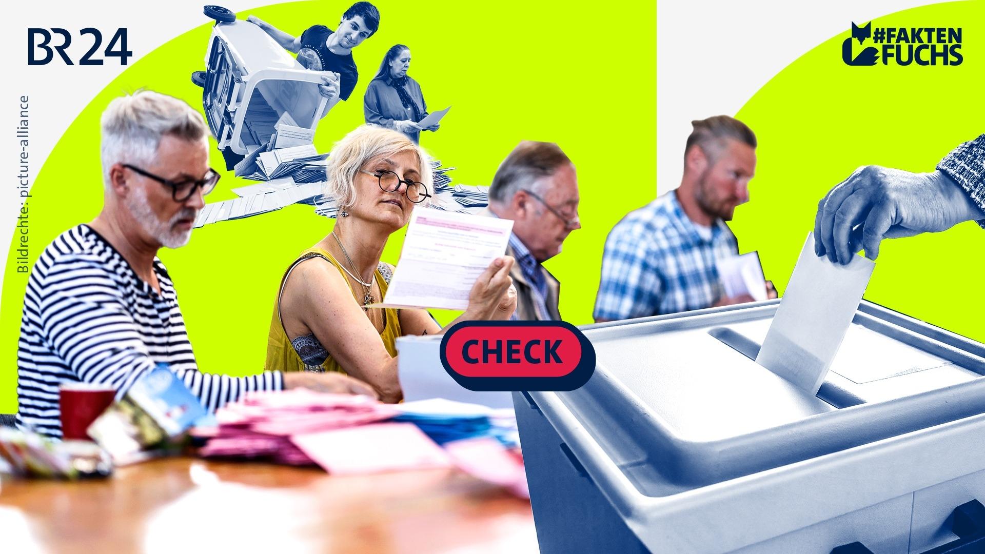 Eine Collage: Vorne sieht man eine Wahlurne, in die ein Stimmzettel eingeworfen wird, mittig zählen Wahlhelfer Stimmzettel aus, hinten leeren Wahlhelfer eine Wahlurne aus.