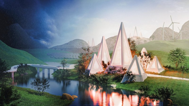 Eine Simulation des ift Rosenheim zeigt eine futuristische Landschaft mit dreieckigen Gebäuden. | Bild: ift Rosenheim Eine Simulation des ift Rosenheim zeigt eine futuristische Landschaft mit dreieckigen Gebäuden.