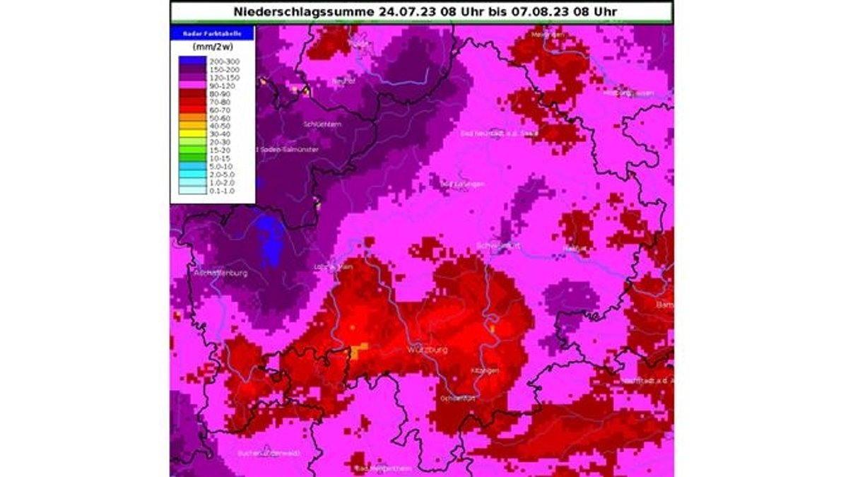 Niederschlagssumme in Unterfranken vom 24. Juli bis 7. August.