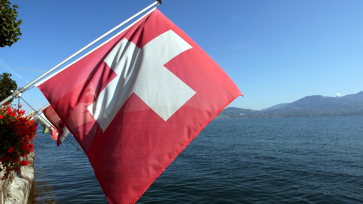Schweizer Flagge vor dem Hintergrund eines See-Berg-Panoramas