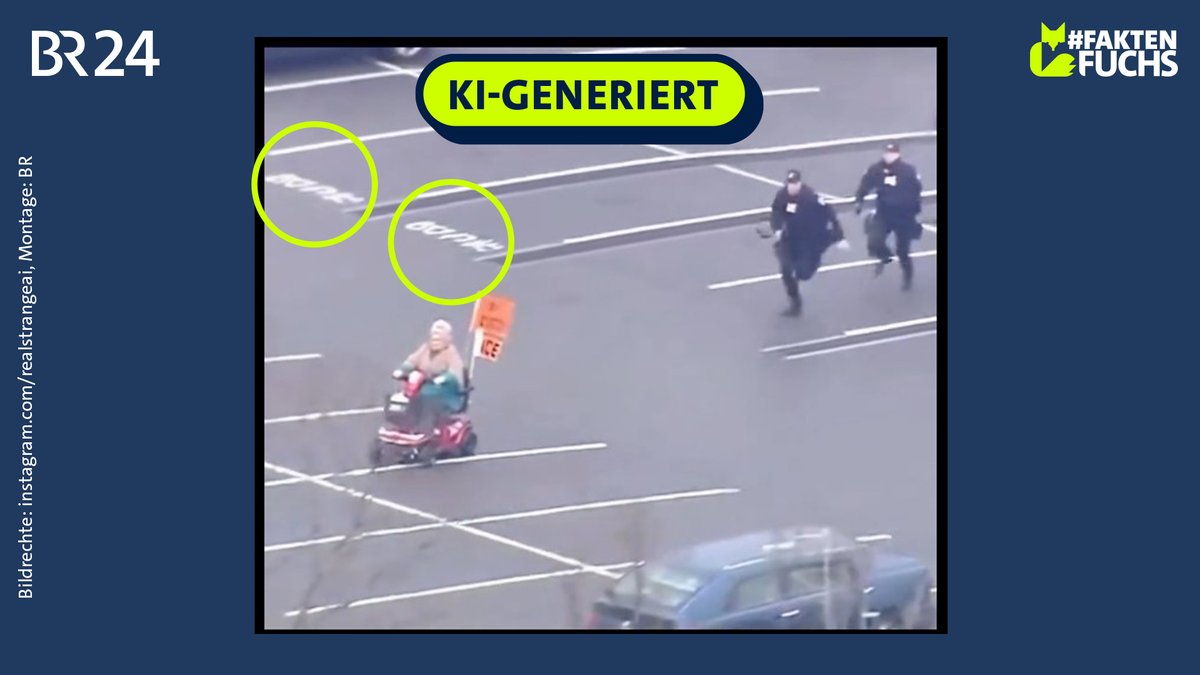 Screenshot eines KI-Videos, das einen typischen Fehler von KI-Videos zeigt: Auf einem Parkplatz sind sinnlose, hieroglyphenartige Schriftzeichen.