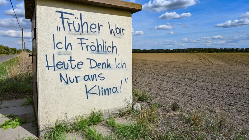 Der Klimawandel wirkt sich bei manchen Menschen auch negativ auf die Psyche aus. Im Bild: An einem Stromverteiler steht der "Früher war ich fröhlich, heute denk ich nur ans Klima!". | Bild: picture alliance/dpa | Patrick Pleul Der Klimawandel wirkt sich bei manchen Menschen auch negativ auf die Psyche aus. Im Bild: An einem Stromverteiler steht der "Früher war ich fröhlich, heute denk ich nur ans Klima!".