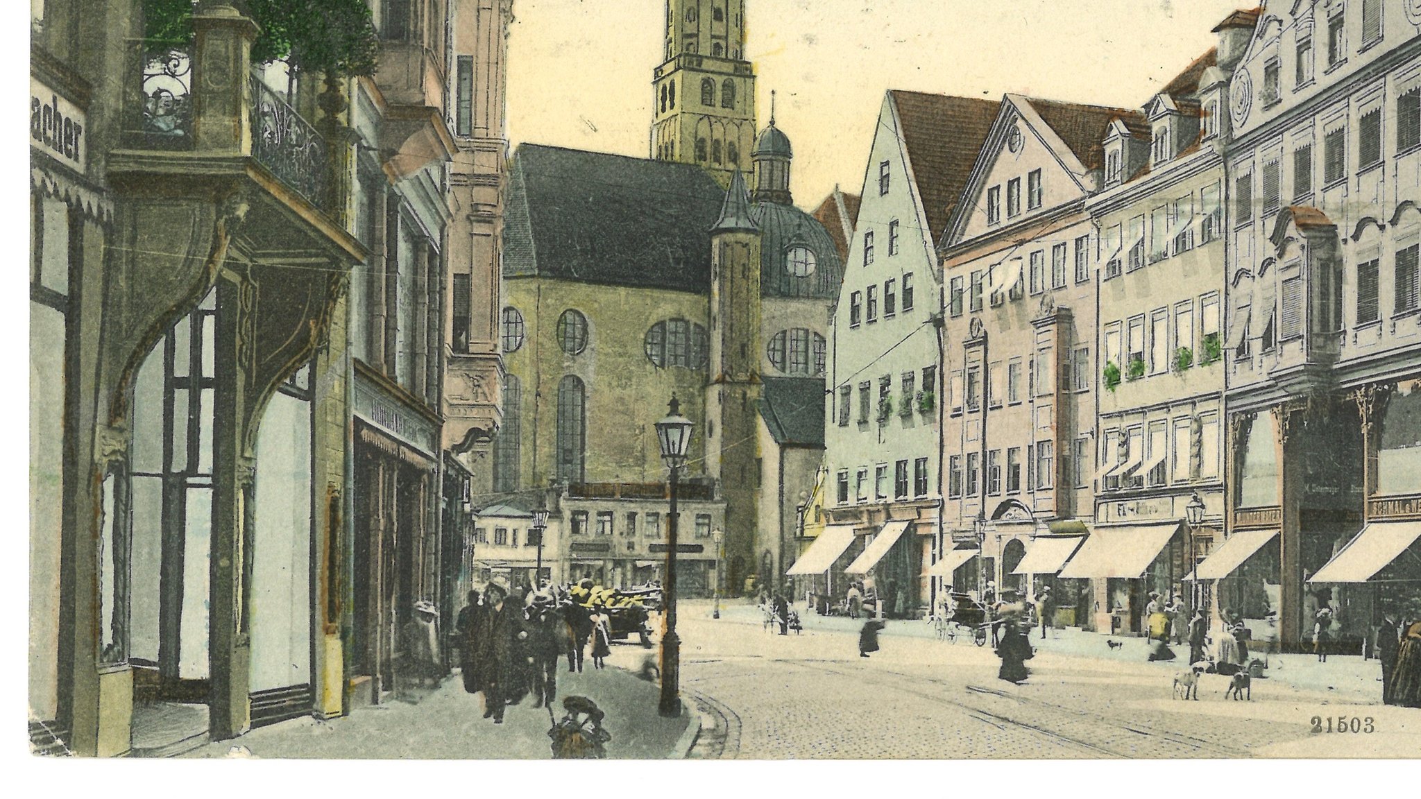 Auf einem alten Bild der Maximiliansstraße erkennt man links den Eingang der alten Untermayer-Passage.