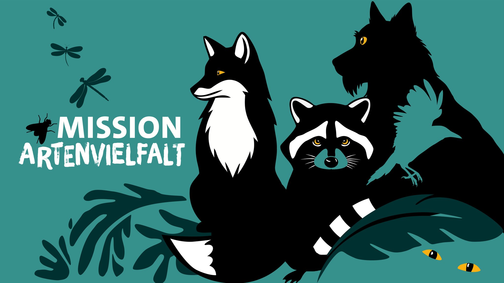 Ein Fuchs, ein Waschbär, ein Hund, ein Rabe und eine Libelle und Fliege mit Blättern sind ineinander verwoben als Illustration. Der Titel "Mission Artenvielfalt" steht in weißen Großbuchstaben im Bild.