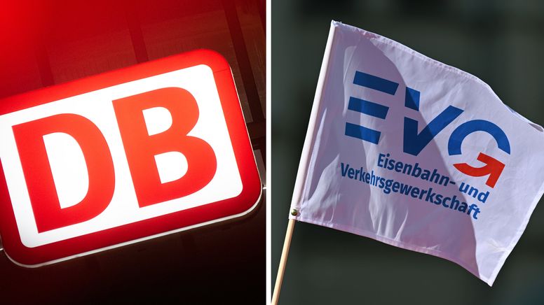 Das Logo der Deutschen Bahn (/l) und eine Fahne der Gewerkschaft EVG (Kombo). | Bild:Martin Schutt, Sebastian Gollnow