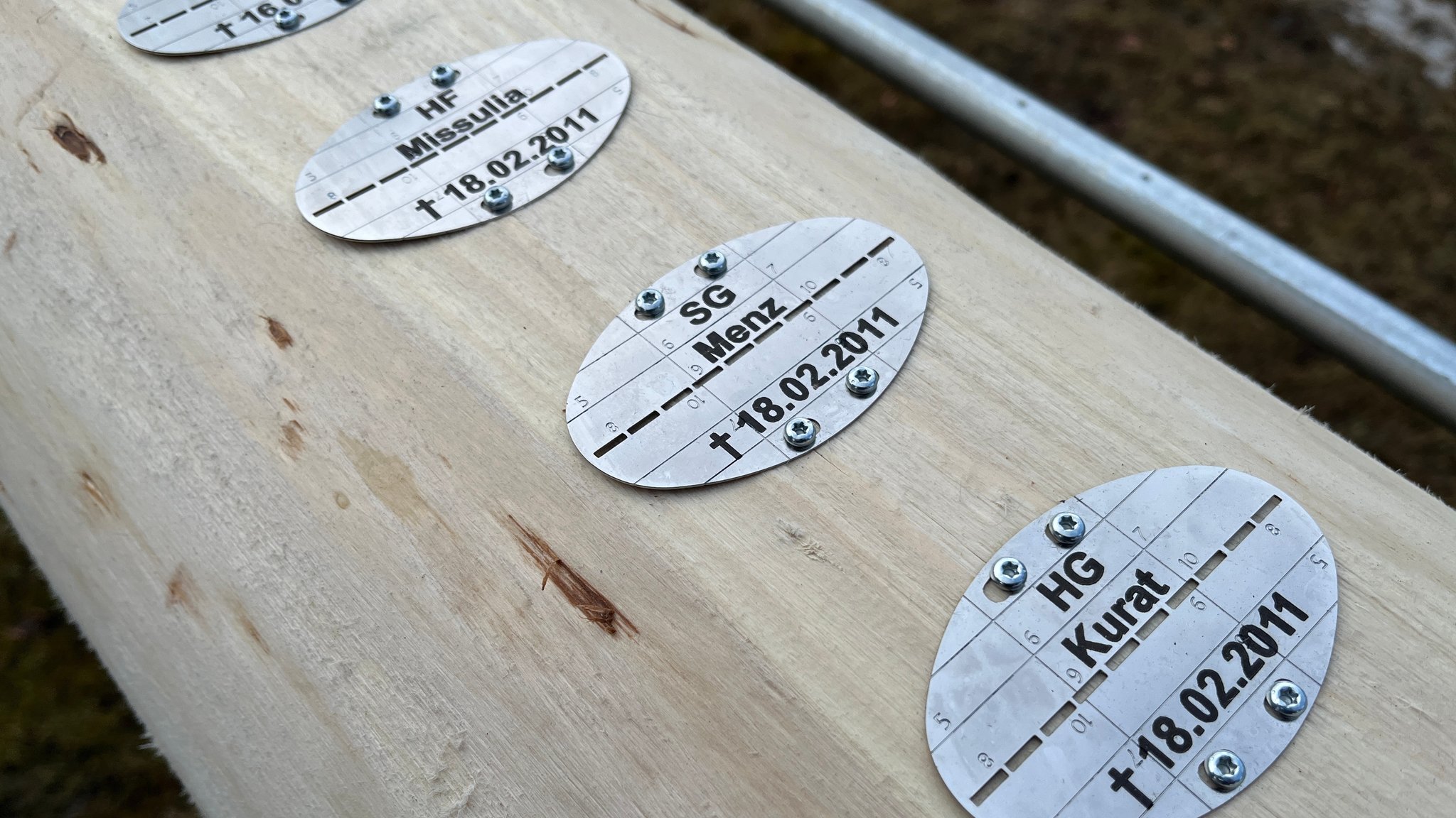 Auf einem Baumstamm sind silberne Namenskennungen von gefallenen Soldaten zu sehen.