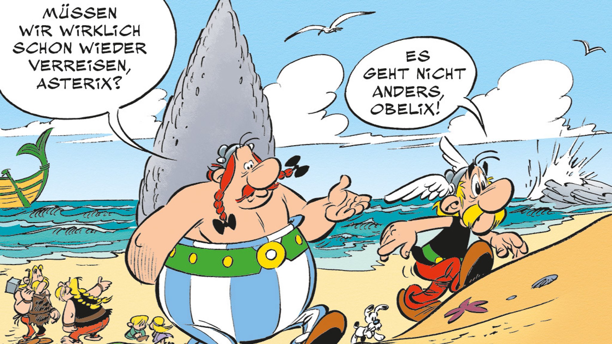 Szene aus einem Comic-Strip, der im vergangenen Dezember veröffentlicht wurde. Asterix und Obelix am Strand und im Gespräch. "Müssen wir schon wieder verreisen", fragt Obelix seinen Freund. Comic-Nr. 41 führt sie ins heutige Portugal: "Asterix in Lusitanien"
