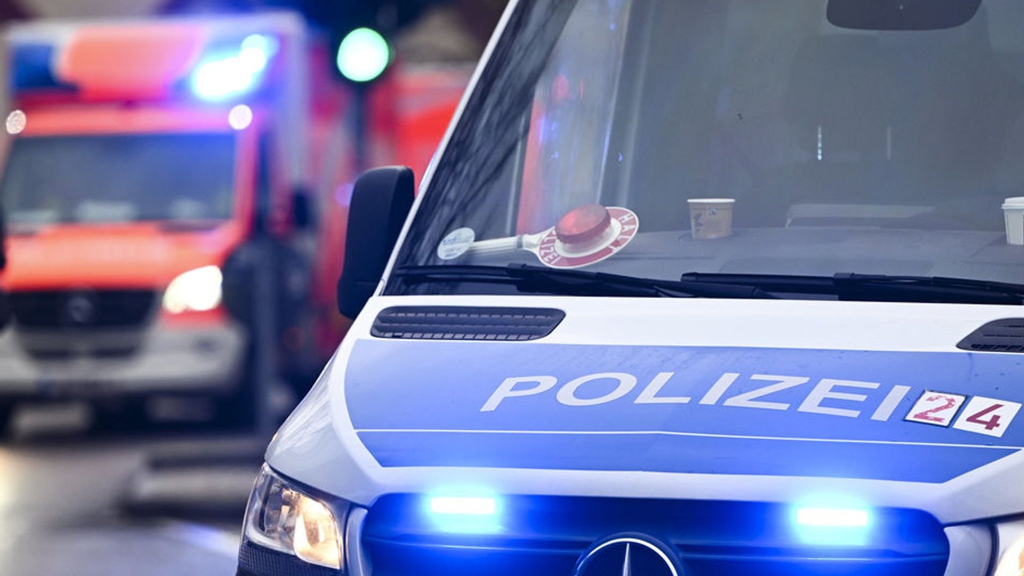 Ein Polizeiauto und ein Rettungswagen mit Blaulicht. (Symbolbild)