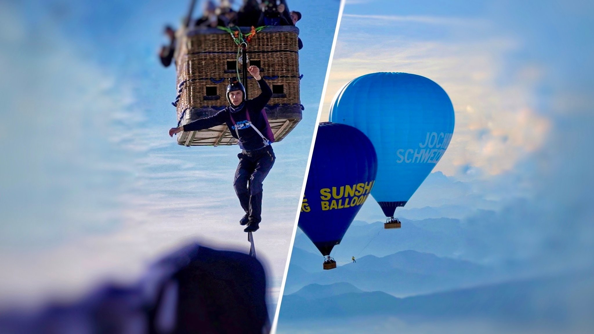 Der Slackline-Profi Friedi Kühne balanciert zwischen zwei Heißluftballons