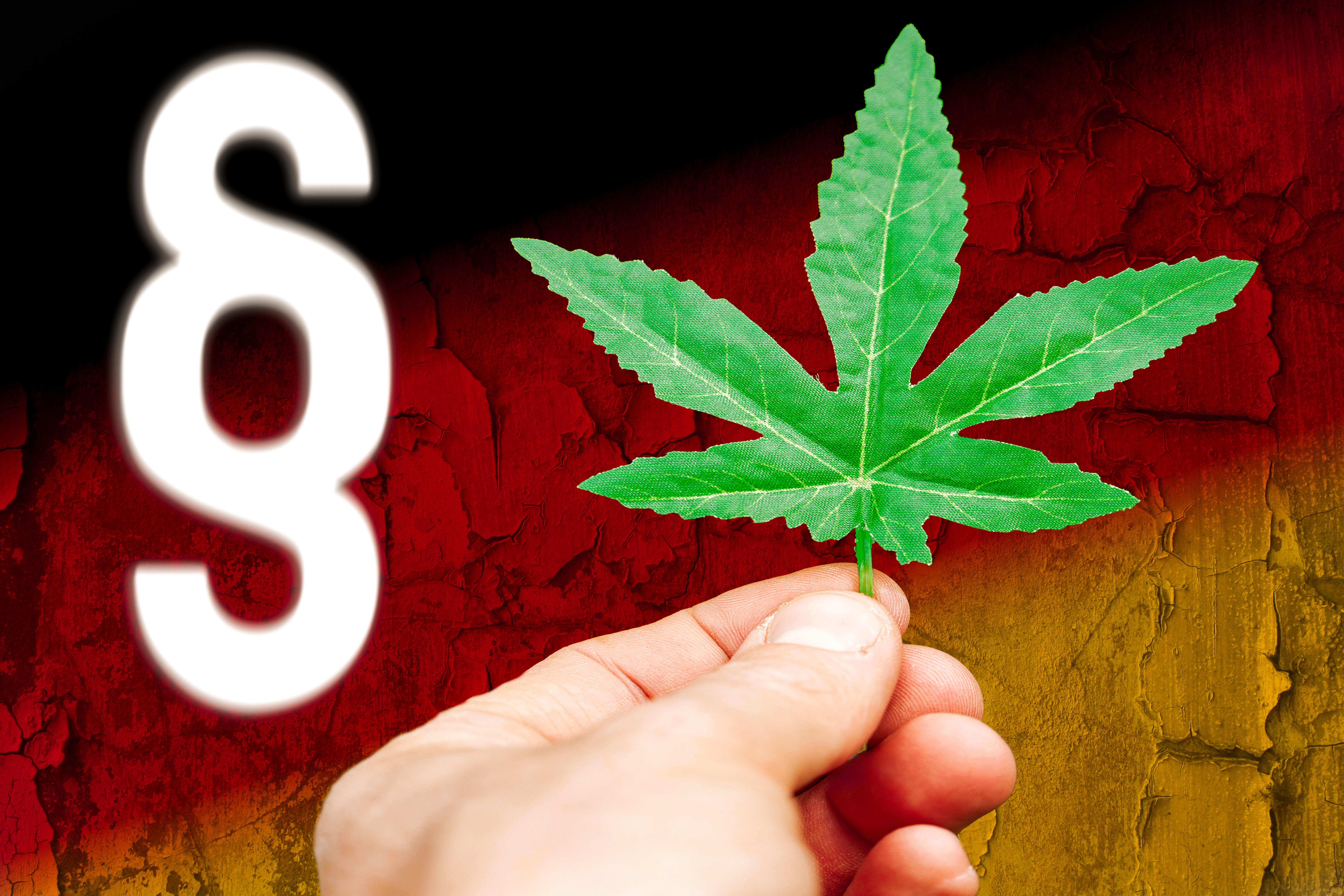 Cannabis Legalisierung in Deutschland - Symbolbild: Eine Hand hält ein Hanfblatt vor eine Deutsche Flagge mit einem Paragrafensymbol. FOTOMONTAGE