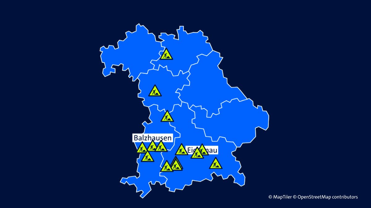 In eine Bayernkarte sind mit gelben Baustellensymbolen Gemeinden gekennzeichnet, in denen Streit wegen Erschließungsbeiträgen droht. | Bild: BR In eine Bayernkarte sind mit gelben Baustellensymbolen Gemeinden gekennzeichnet, in denen Streit wegen Erschließungsbeiträgen droht.