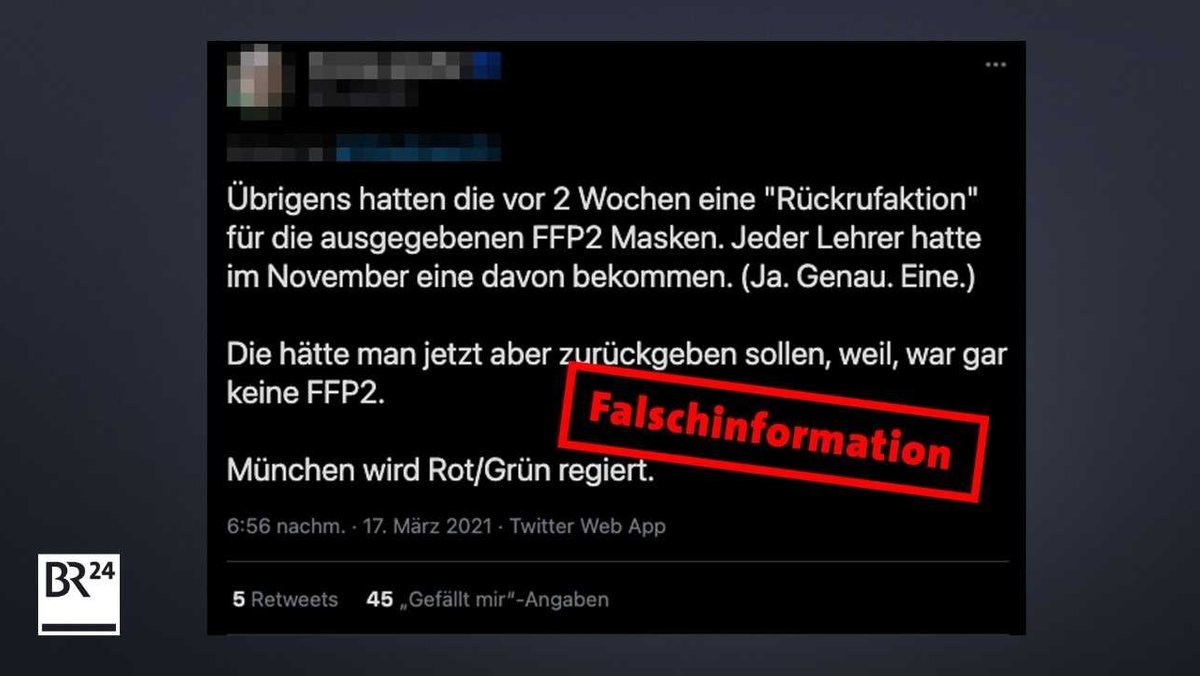 Auf Twitter behauptet ein User, Münchner Lehrer hätten ihre FFP2-Maske wieder zurückgeben müssen. 