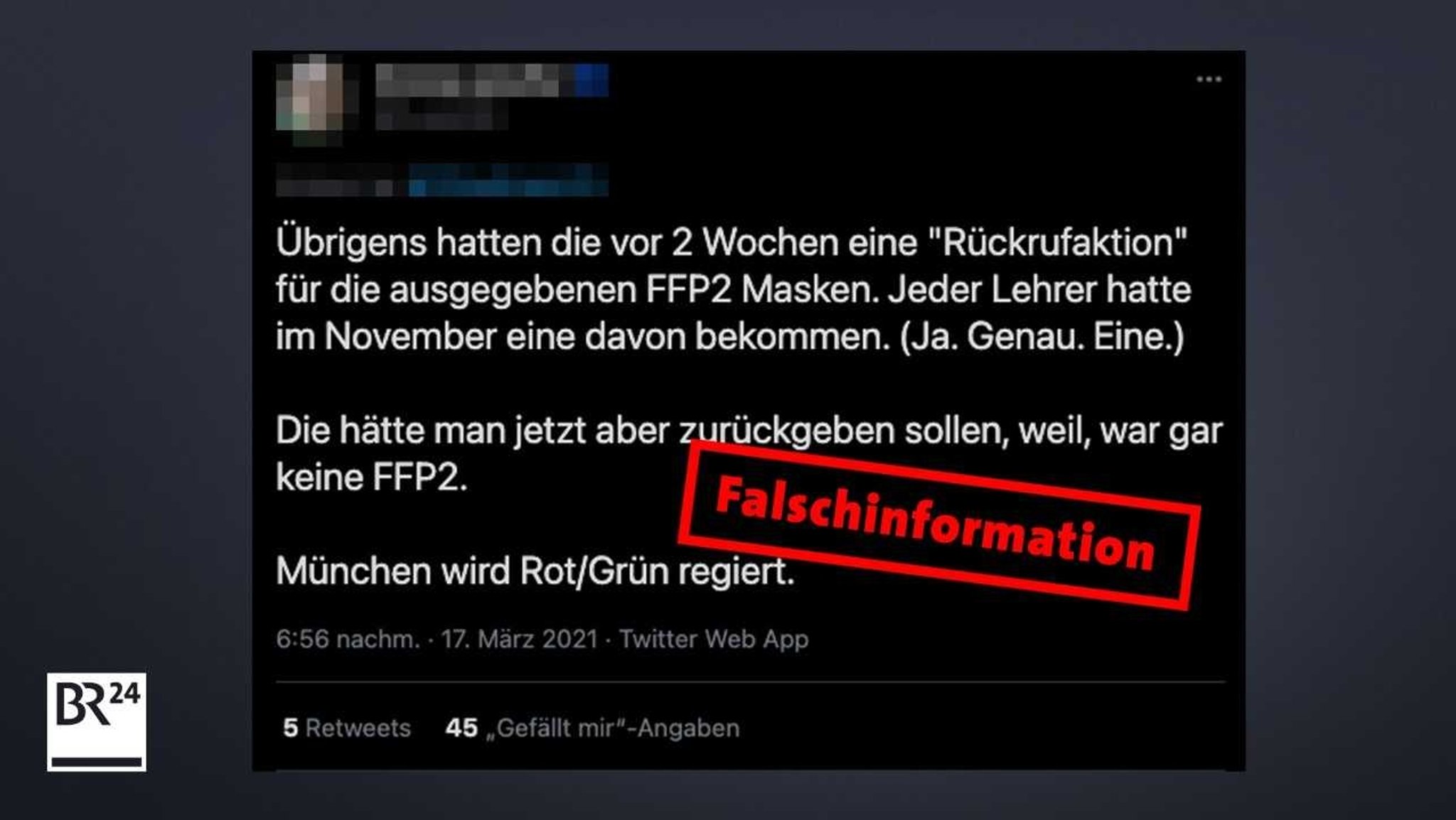 Auf Twitter behauptet ein User, Münchner Lehrer hätten ihre FFP2-Maske wieder zurückgeben müssen. 