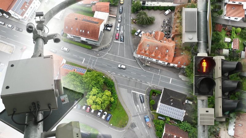 Die Hightech-Kreuzung in Essenbach von oben; daneben: die KI-Ampel | Bild: BR Die Hightech-Kreuzung in Essenbach von oben; daneben: die KI-Ampel