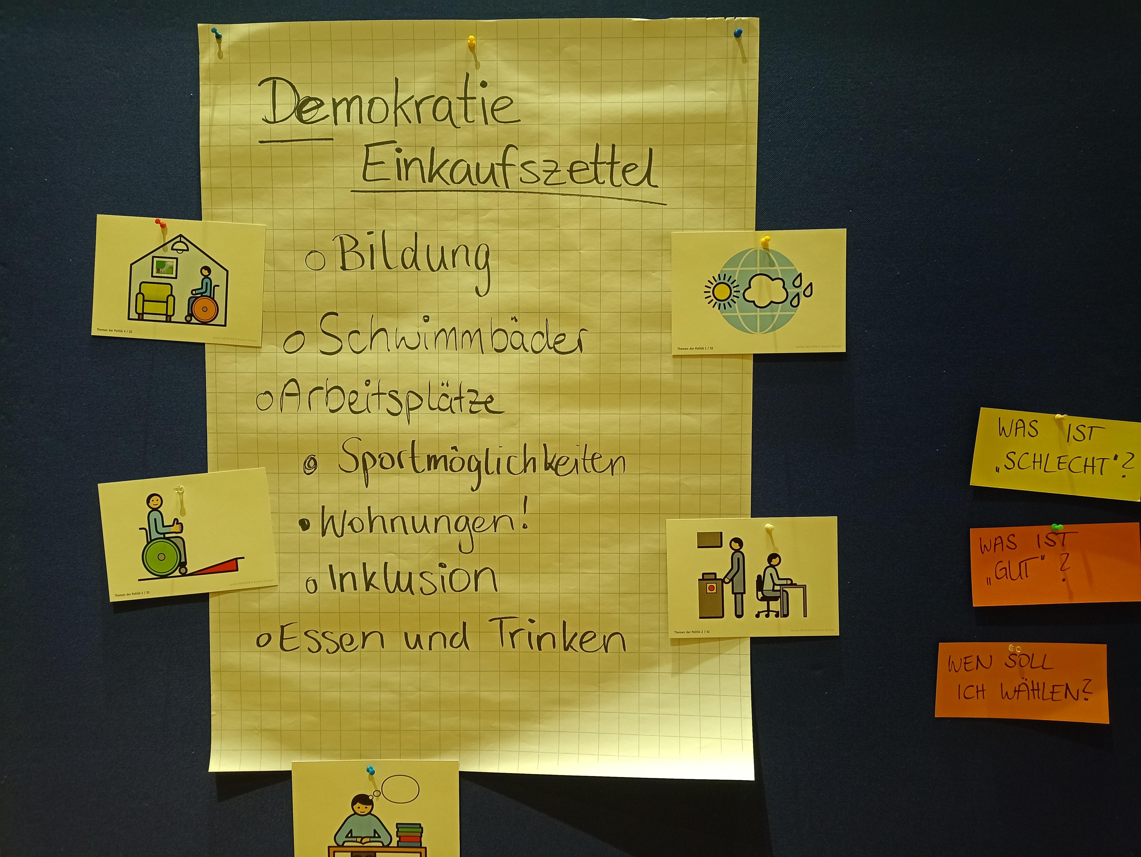 Ein Zettel an einer Stellwand mit Stichworten und Symbolkärtchen.