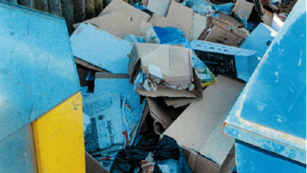 Etliche Kartons liegen zwischen den Müll-Containern