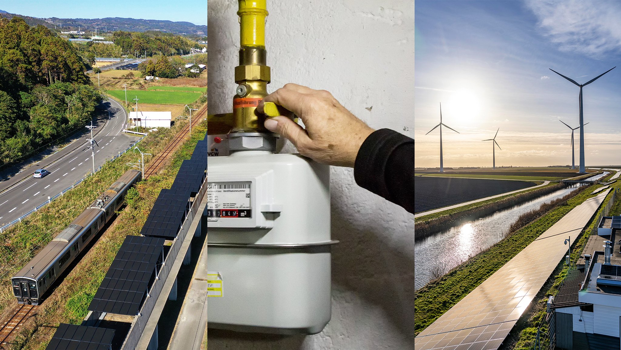 Symbolbilder Autobahn, Gasheizung, Solarpark (v.l.n.r.)