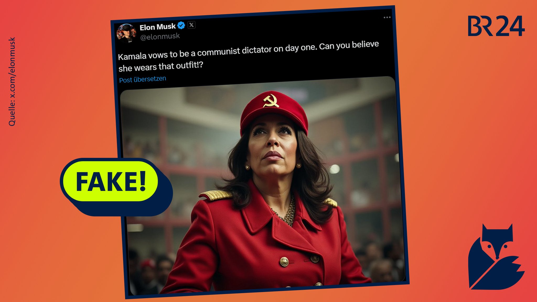 Ein Post von Elon Musk, mit dem er ein Fake-Bild von Kamala Harris geteilt hat. Das Bild wurde mit einer künstlichen Intelligenz generiert. Dazu schreibt Musk: "Kamala vows to be a communist dictator on day one. Can you believe she wars that outfit!?"