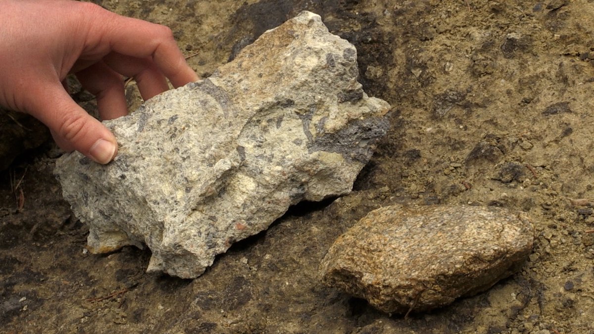 "Homogener" Granit rechts im Vergleich mit dem "chaotischen" Suevit (links), der durch den Asteroideneinschlag entstanden ist. 
